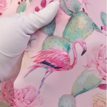 Органза матовая Виола с принтом розовый фламинго и цветущий кактус
